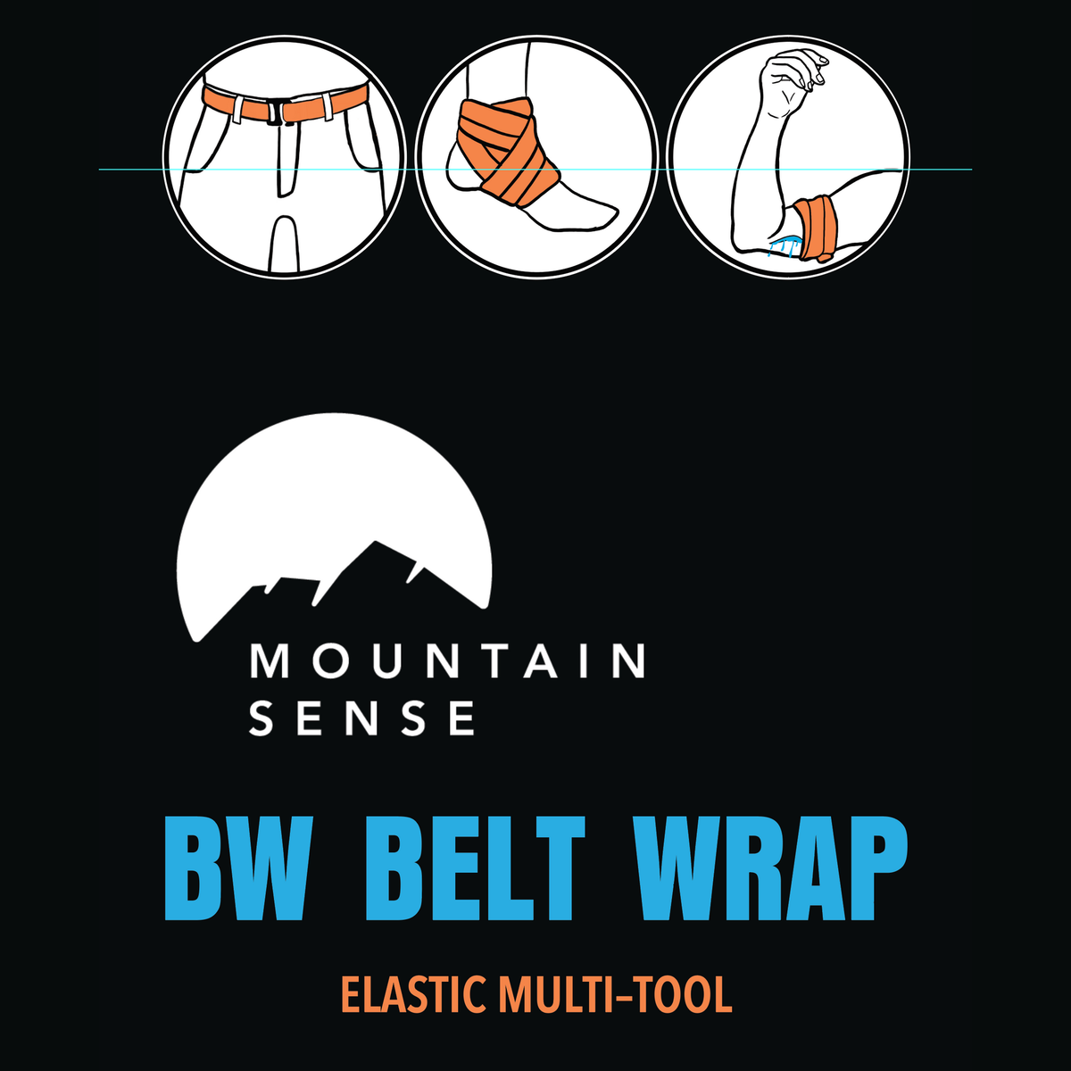 BW Belt Wrap packaging showing the elastic multi-tool worn as a belt and wrapped around an ankle and an arm