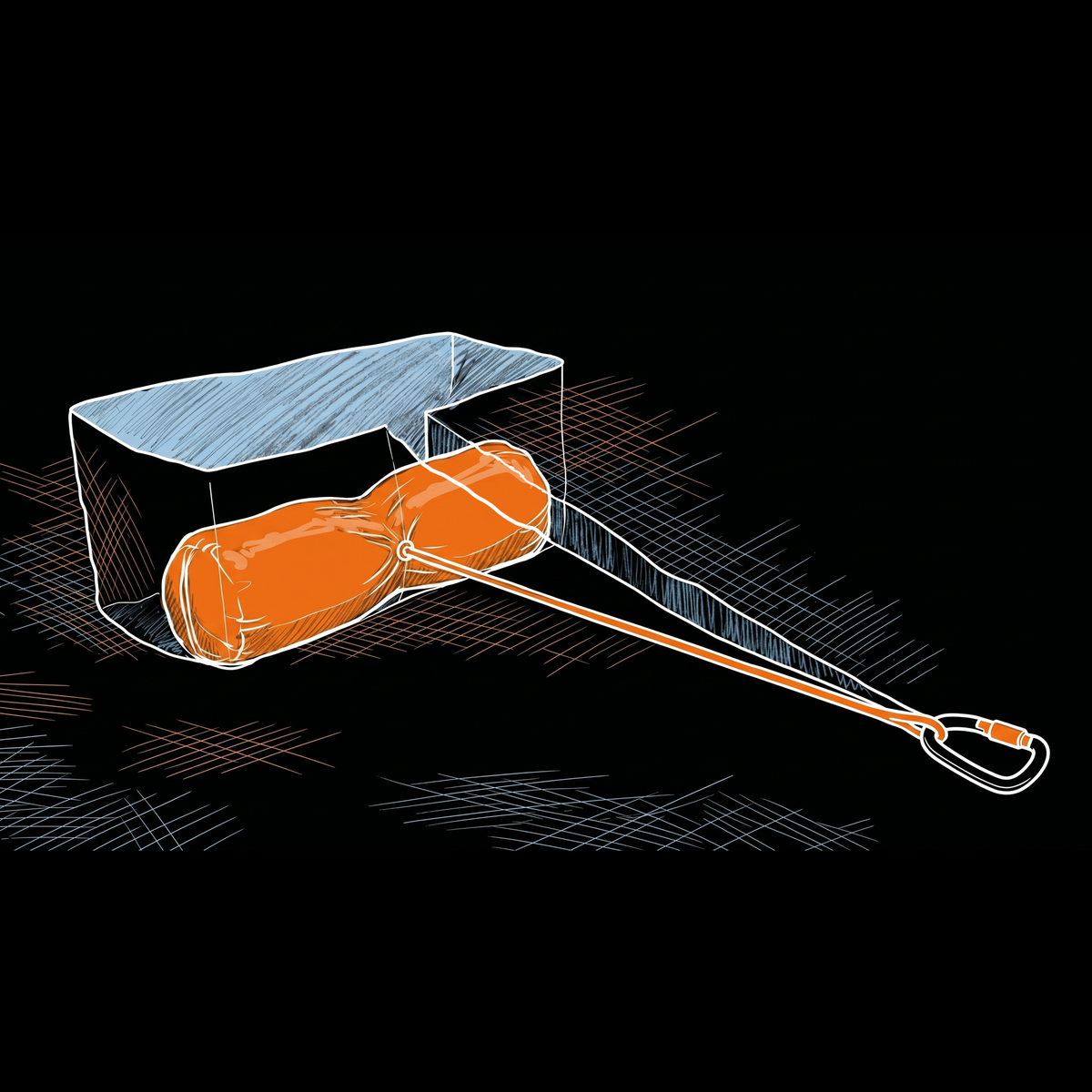 Illustration of the T-Trench Stuff Sack buried as a deadman anchor in a snow trench with the eye spliced cord clipped to a carabiner