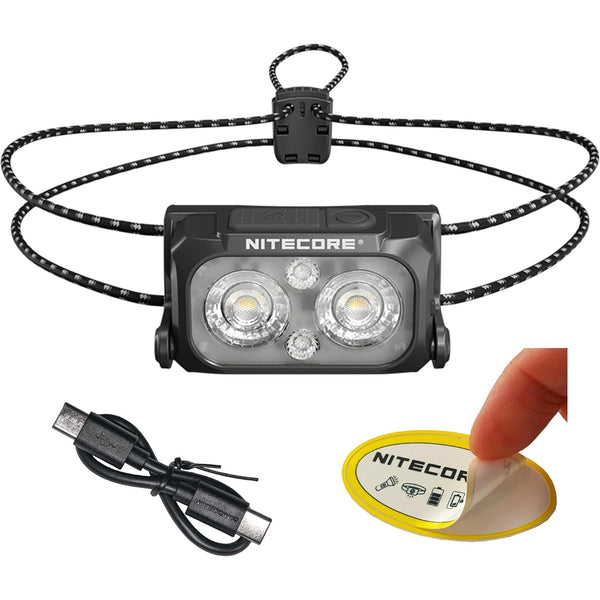 Nitecore NU25 ultralight headlamp with reflective elastic strap and USB-C charging cable, dual 400 lumen LEDs