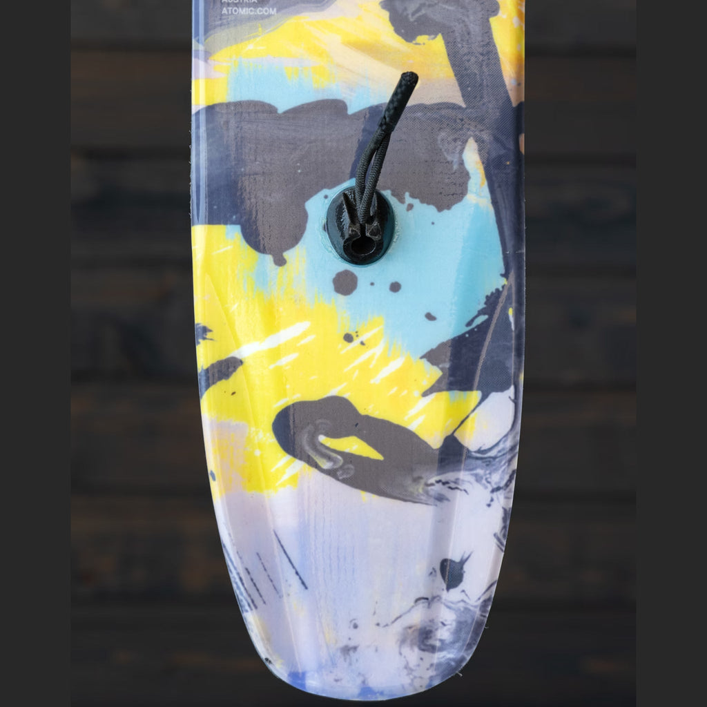 Skin Tail Groovy Lock installed in a rockered ski tail, black insert and bungee replacing the standard tail clip