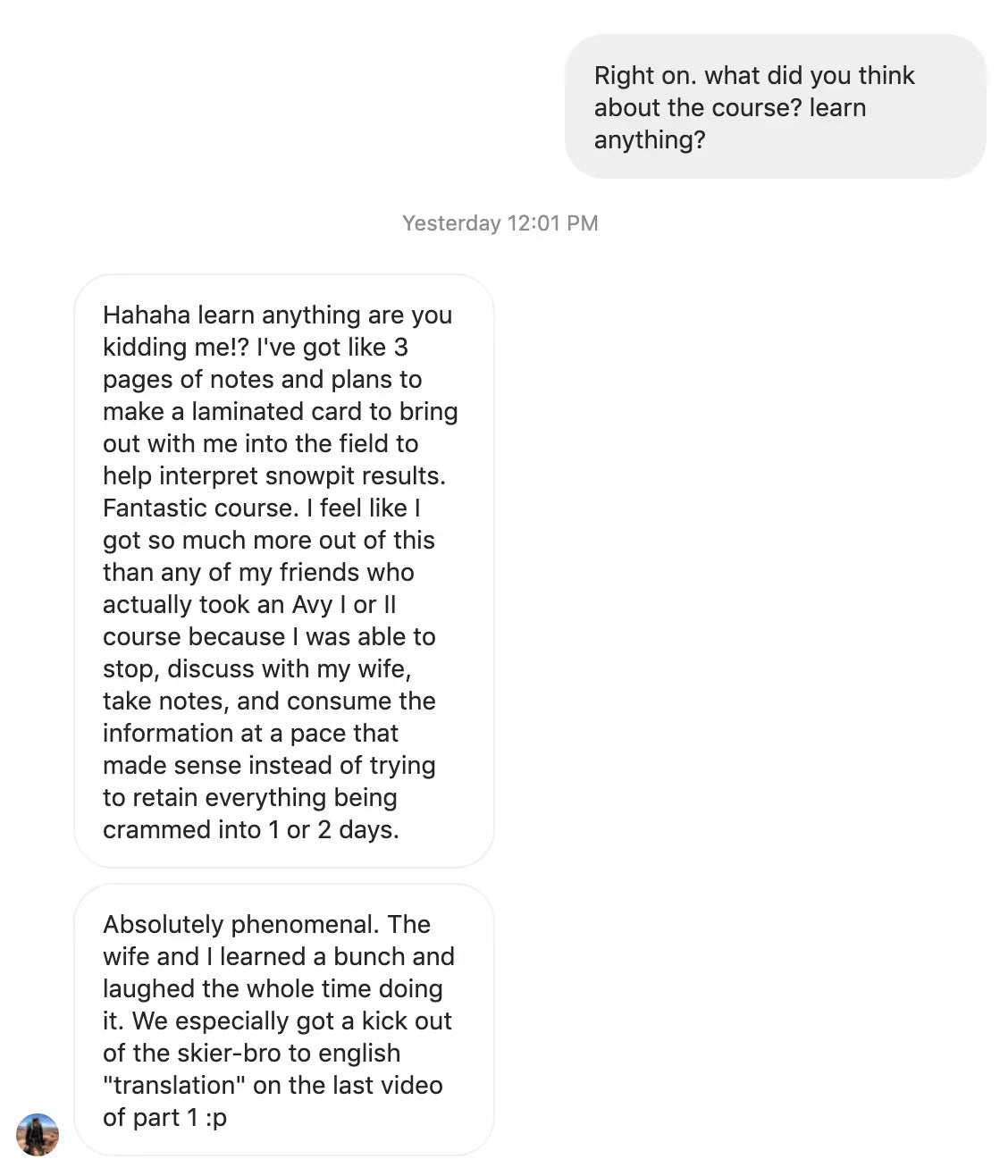 John via Instagram — Avalanche Safety: A Comprehensive Course student review